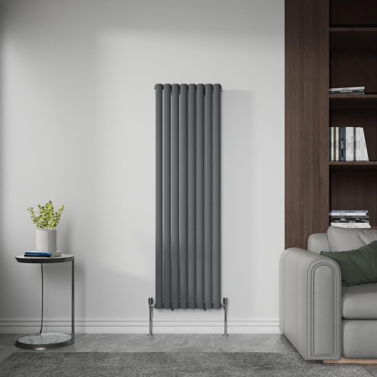 NRG 1600x472mm Vertical Single Panel Oval Radiator Anthracite with Valves