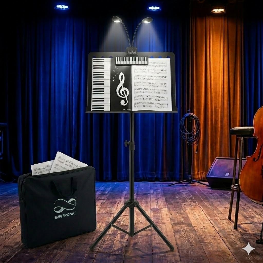 Infitronic INNPBSET01 – Atril para partituras de orquesta negro – Altura ajustable (83 – 150 cm), atril estable con bandeja perforada y bolsa de transporte, luz para atril + clip para partituras +