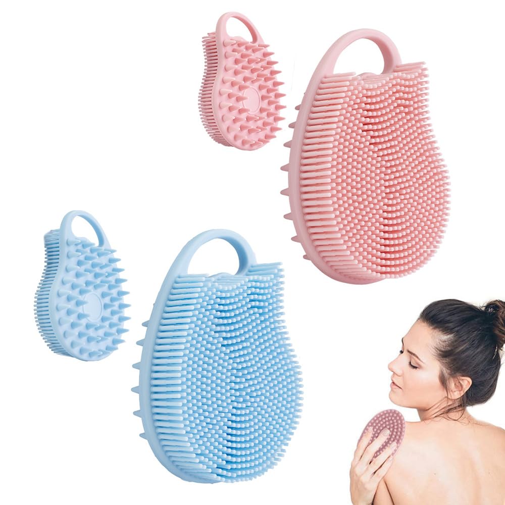Silicone Body Scrubber 2 Pack - Dual-Sided Body Brush Cleansing Scrubbing Gently Exfoliating Massage for Bathing Shower Women Men Kids Baby Deep Cleaning Skin Tool(Style A,Pink + Blue)