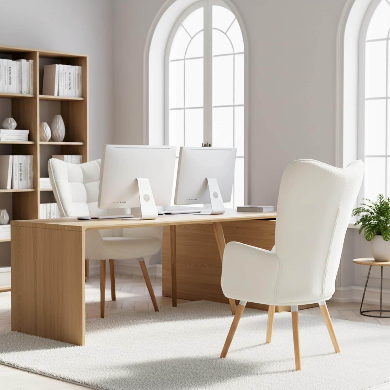 MEUBLE COSY Sedia da Ufficio Scandinava con Braccioli, Poltrona da Scrivania Ergonomica Imbottita in Tessuto Bouclé, Sedia da Lavoro Comoda per Studio, Home Office, Beige