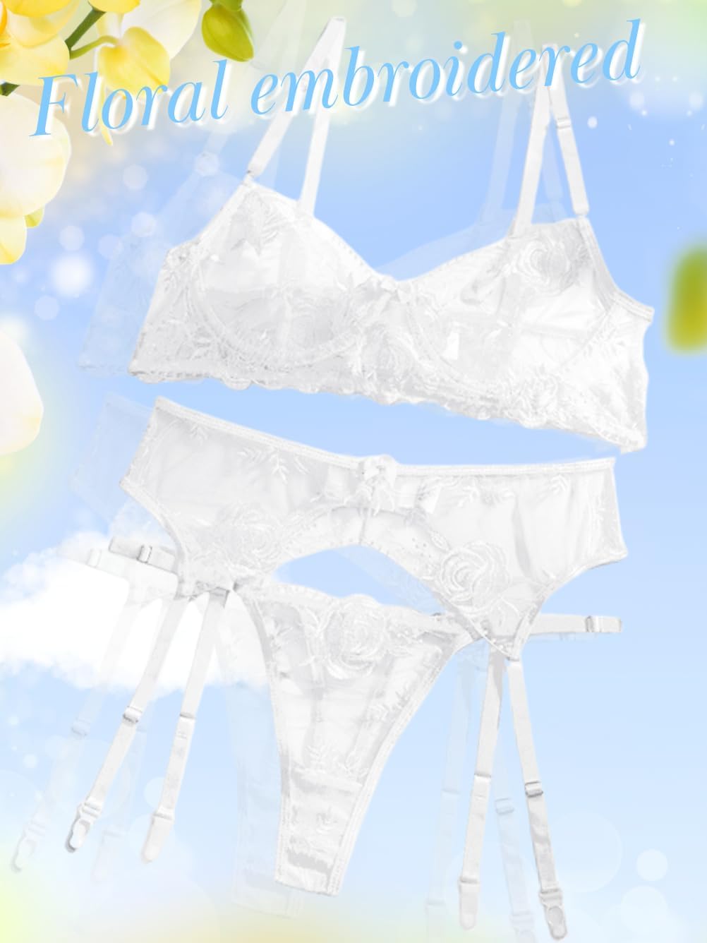 Kaei&Shi Floral Embroidered Mesh Sheer,Underwire Satin Bow,High Cut Thong,Belt Garter Lingerie - Image 4