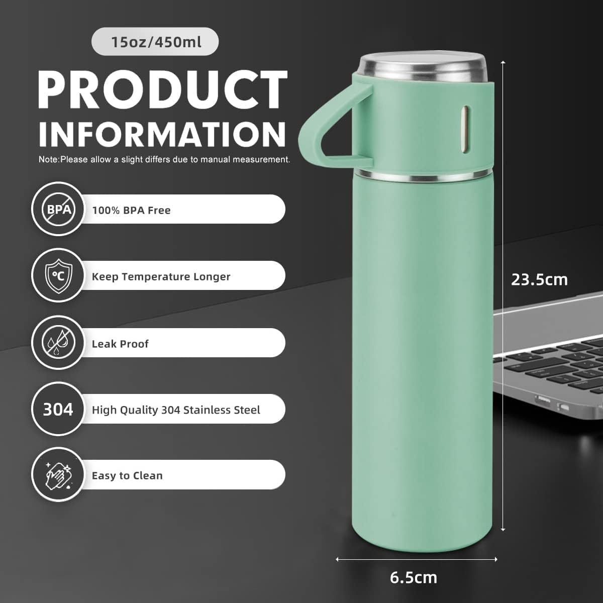 Coffee Thermo Bottle -Vacuum-Insulated Stainless Steel Travel Mug, 16oz Insulated Bottle with Cup for Hot & Cold Drink Travel Mug (Green, Three Cup) - Image 2