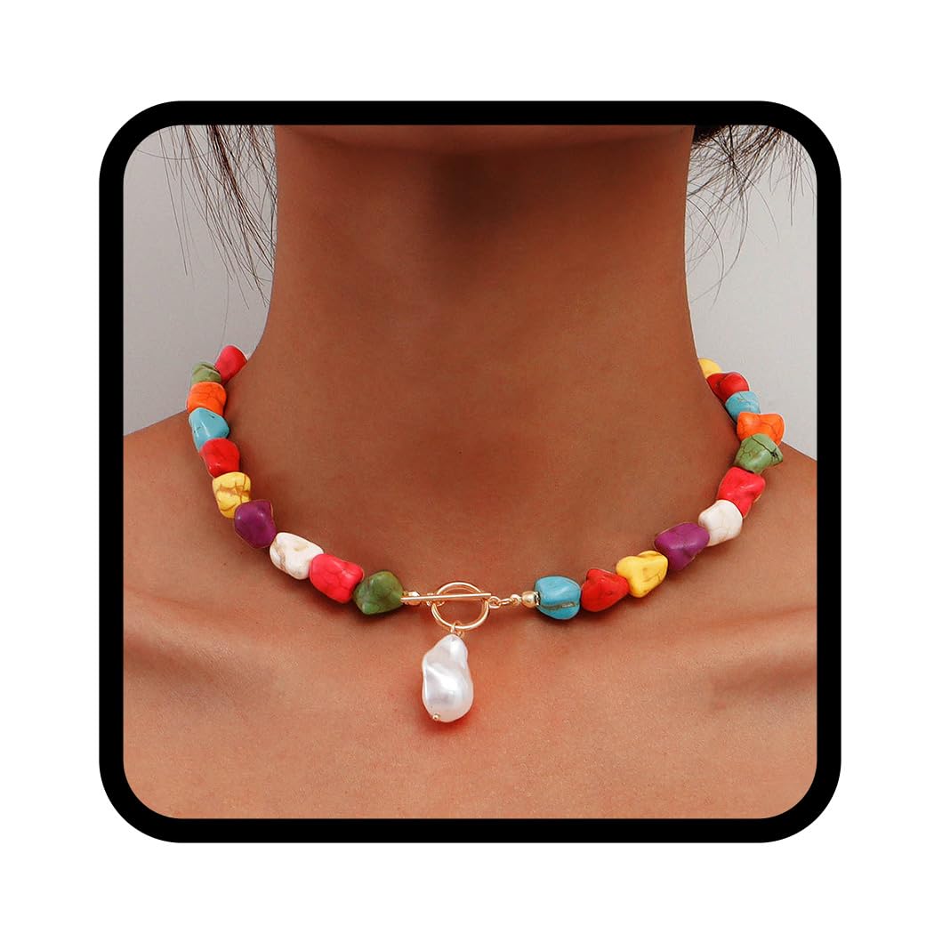 Zoestar Gargantilla Boho Collar con Colgante de Perlas Doradas Collar de Playa Turquesa Joyería de Cadena para Mujeres y niñas