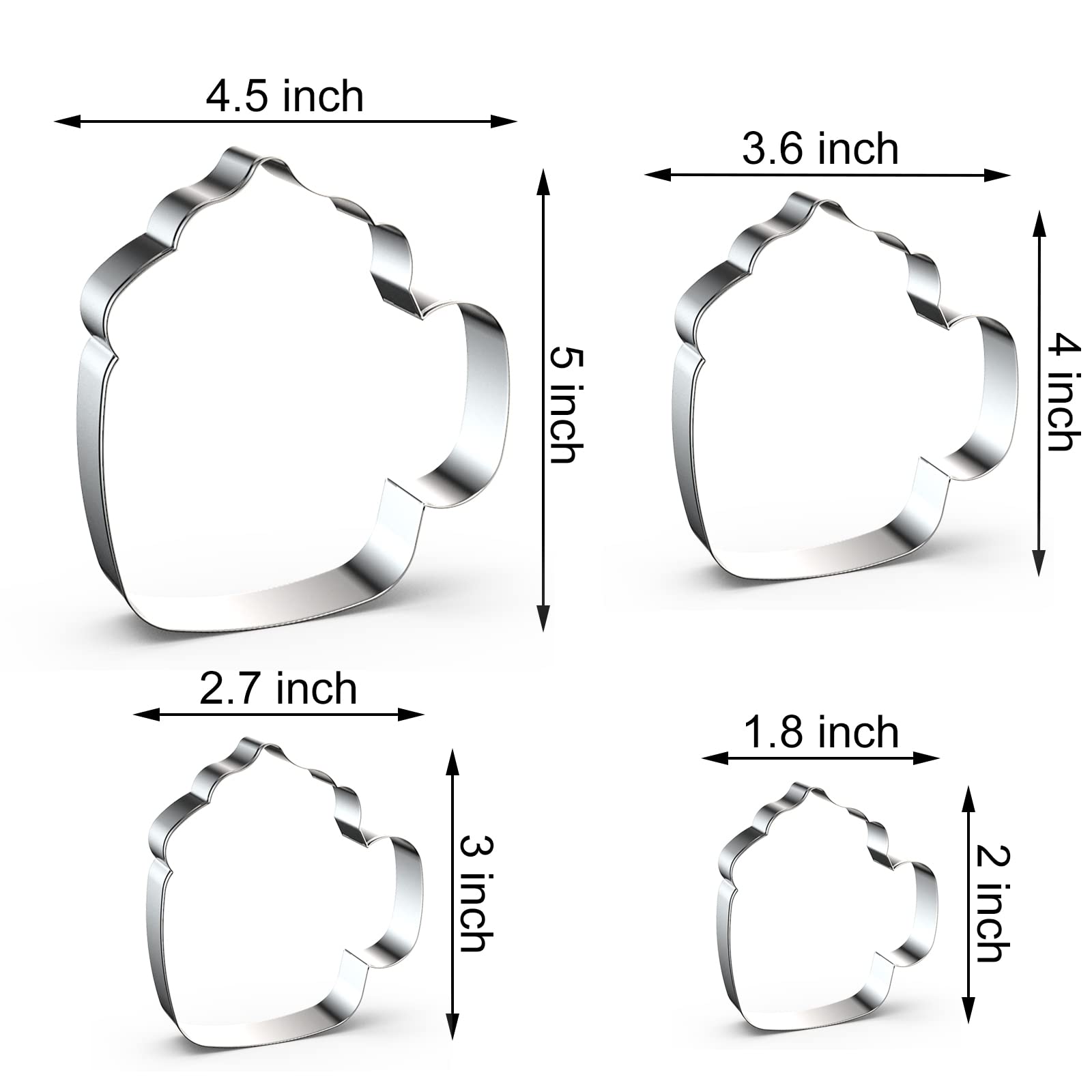 Bierkrug-Ausstechformen-Set in verschiedenen Größen, groß – 12,7 cm, 10,2 cm, 7,6 cm, 5,1 cm, 4 Stück Bierkrug Getränke, Keksausstecher Formen für Männer Vatertag – Edelstahl