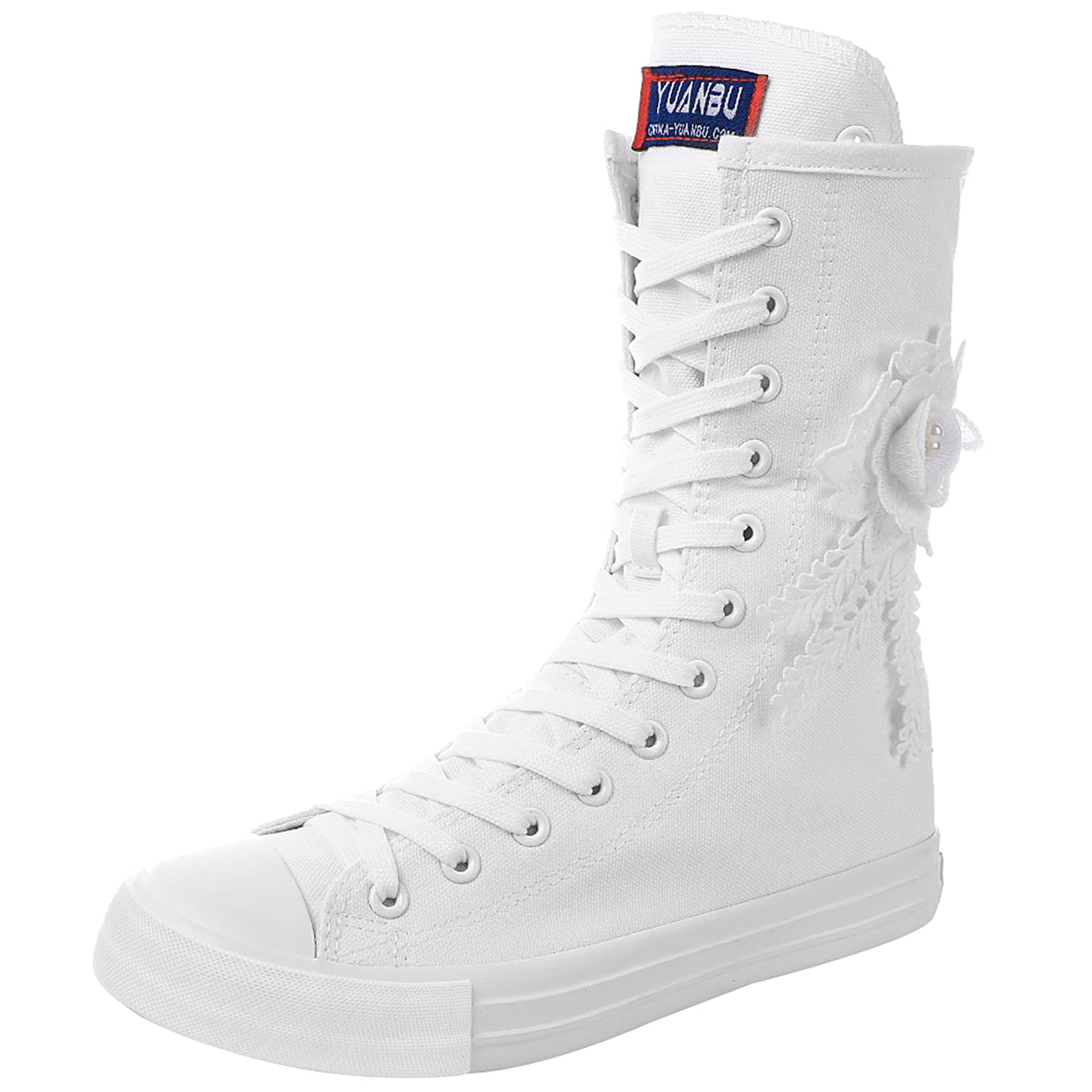 Women's Canvas Boots, Calf Length, Fashionable Lace-Up, Girls' Punk Style Trainers, Tear White/Black Canvas Shoes (White, 38 EU)