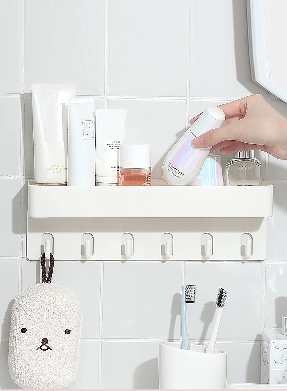 DRIZA Self Adhesive Plastic Kitchen Bathroom Self with 6 Hook | Multipurpose Wall Holder Bathroom Storage Rack (Multi Color- Standard Size) 1