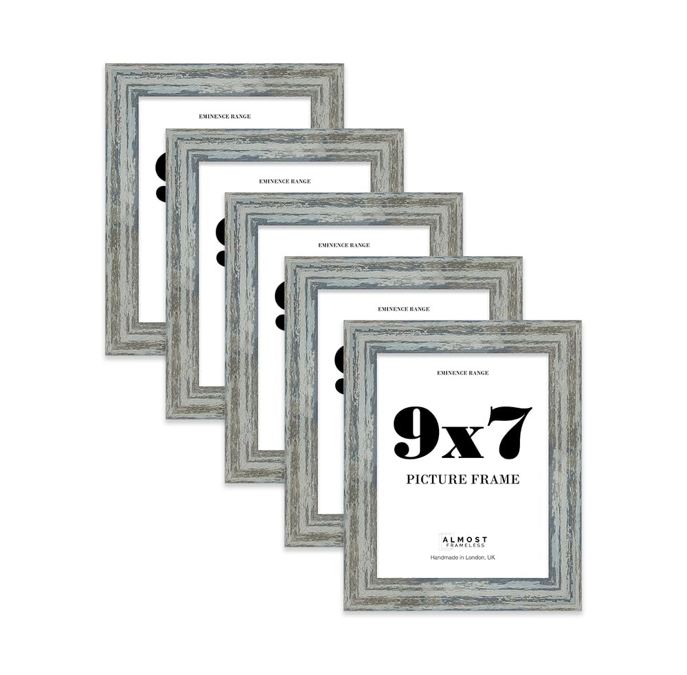 9x7" Distressed Blue Picture Frame - Rustic Wood Industrial Effect Photo Frame for Wall Display, Ideal for Posters, Prints & Home Décor, Wall Hooks and Kickstand, 32mm Edge - 5 Pack