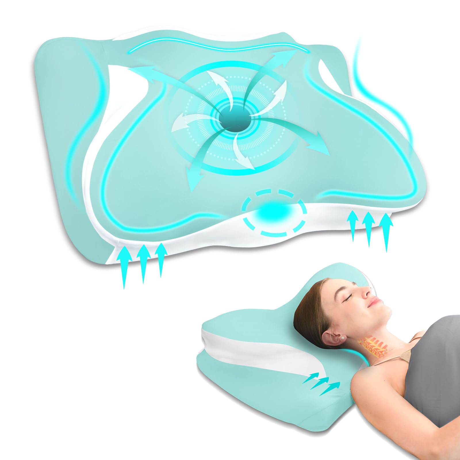 South to East Cervical Neck Pillow for Neck and Shoulder Pain, Ergonomic Contour Pillow for Sleeping, Memory Foam Pillow, Neck Support Pillow for Side, Back & Stomach Sleepers, Cyan