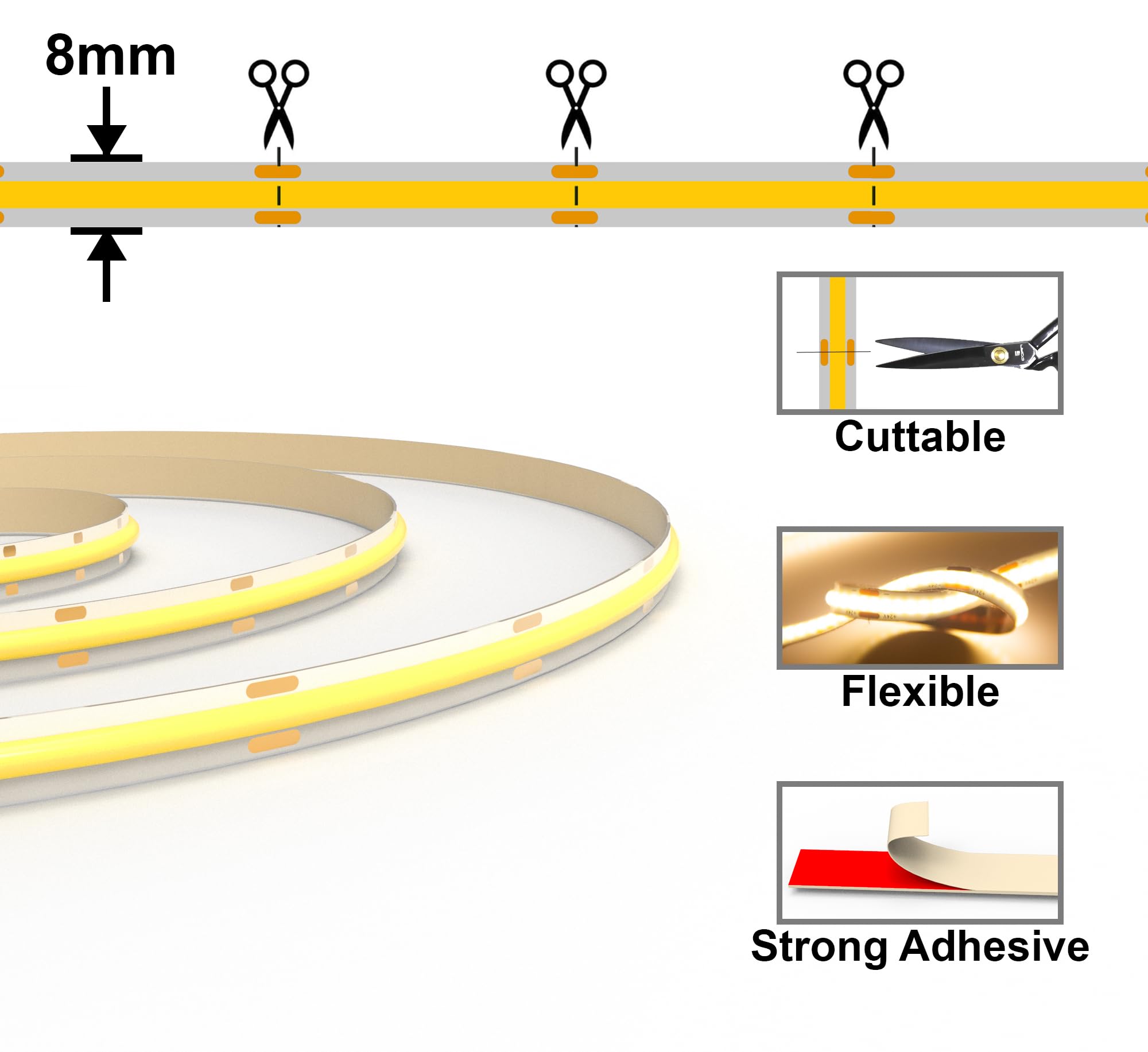 luktix Striscia LED Bianca Calda 10m, 3000K Striscia LED Dimmerabile 24V, CRI92 +, larghezza 8mm, con Telecomando e alimentazione, per la decorazione domestica, cucina, specchio (3000K, 10M)