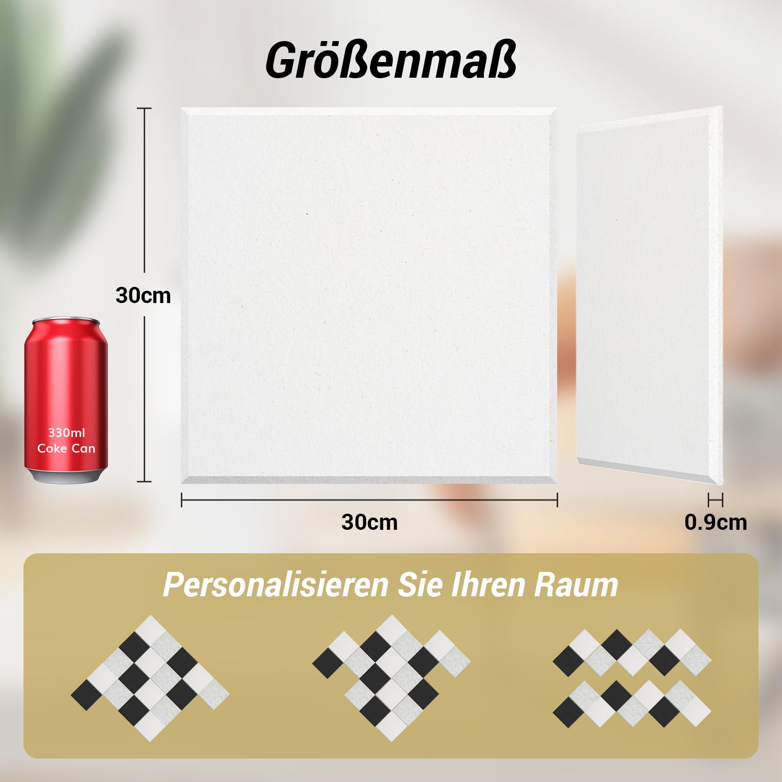 TONOR Akustikpaneele selbstklebend, 18 Stück Quadratische 30x30x0,9 cm Schalldämmung Schallschutz Akustikplatten, Schallschutzplatten mit Hochdichte Wandfliesen aus Polyester für Wand/Decke/Tür, Weiß