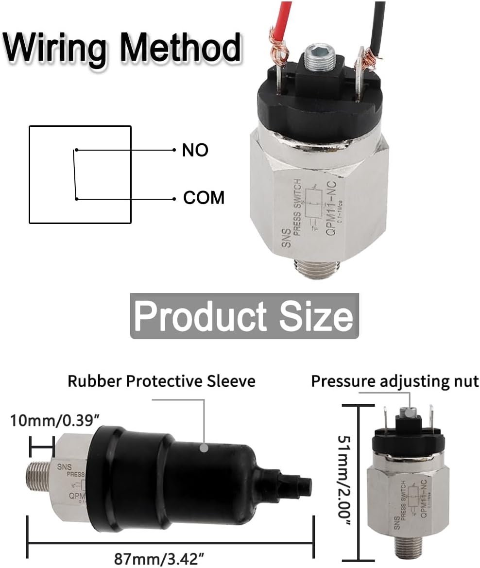 Stainless Steel Adjustable Pneumatic Pressure Control Switch for Pump | 1/8" PT Thread, QPM11-NO, Normally Open Type, Air Adjustable Pressure Switch