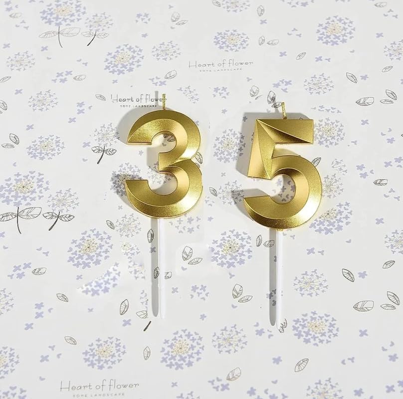 Image of Number 35 or 53 Wax Candle with Crown for Birthday, Wedding, Engagement, Valentines Day Celebration, Bachelorette Cake Topper for Decoration 2 Pcs, Gold, Unscented
