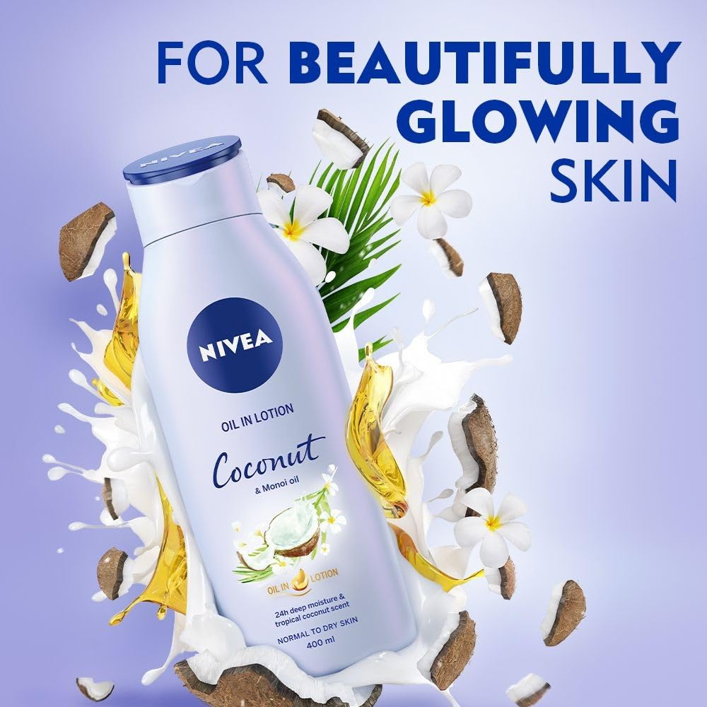 NIVEA Oil in Lotion, Coconut and Monoi Oil, 400ml, 24h Deep Moisture, Normal to Dry Skin, 400 ml (Pack of 1) - Image 3