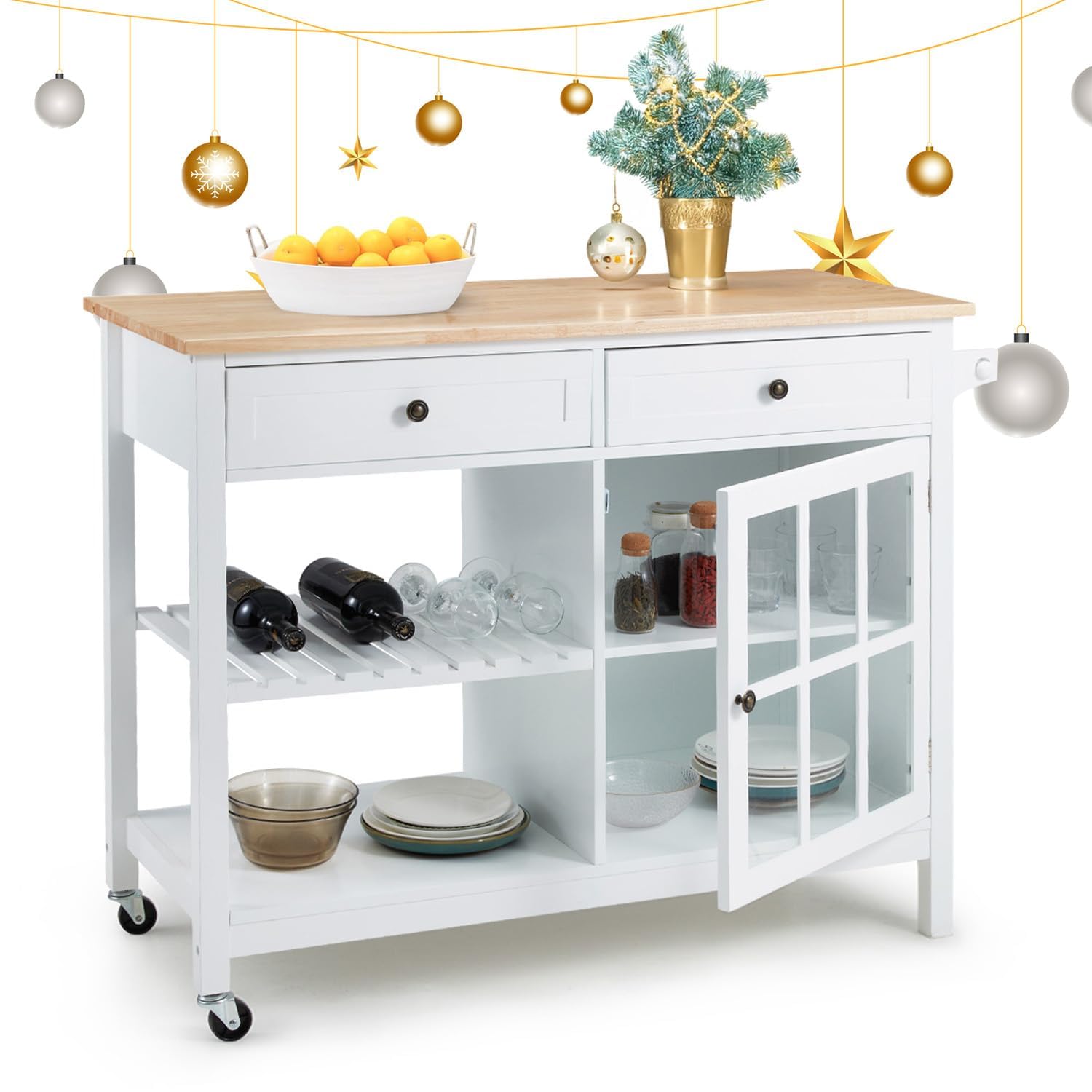 42" Kitchen Island Cart on Wheels, Rolling Storage Cabinet Station with Solid Wood Top, 2 Drawers, Towel Rack, Open Display Shelf, White