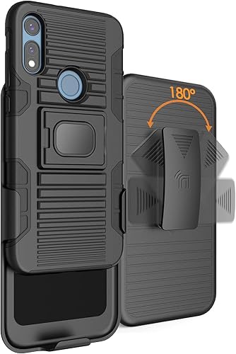 Funda con clip para Moto E 2020, funda resistente Nakedcellphone negra con soporte de agarre para dedos + placa de montaje integrada + funda de