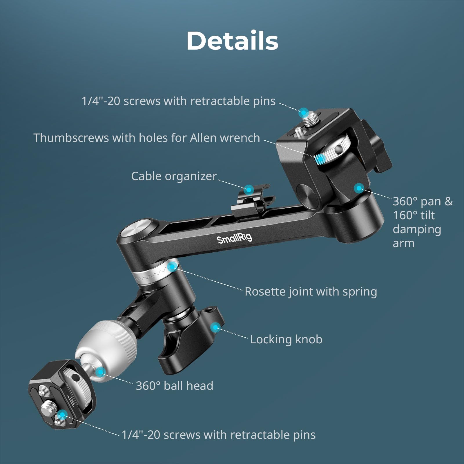 SMALLRIG Brazo Mágico con Cabeza Esférica 360° y Amortiguación - Soporte para Monitor en Hombro/Trípode, Organizador de Cables, Carga 2kg (4.4lb), Largo 145mm (5.7") - 5141