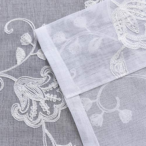 Image of Sheer Curtains Floral Embroidery White 84 Inch Long Rod Pocket Lace Drapes for Living room, Bedroom, 2 Panels, 52 inchx84 inch, Semi Voile Pattern Outdoor Window Treatment Sets for Yard, Patio, Villa, Parlor.