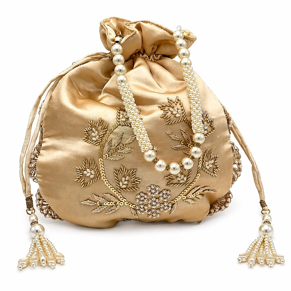 Hand Embroidered Art Silk Potli Bag for Women | Pearl Handle Drawstring Ethnic Clutch Pouch | Wedding Party Festive Traditional Handbag - Beige-image-9