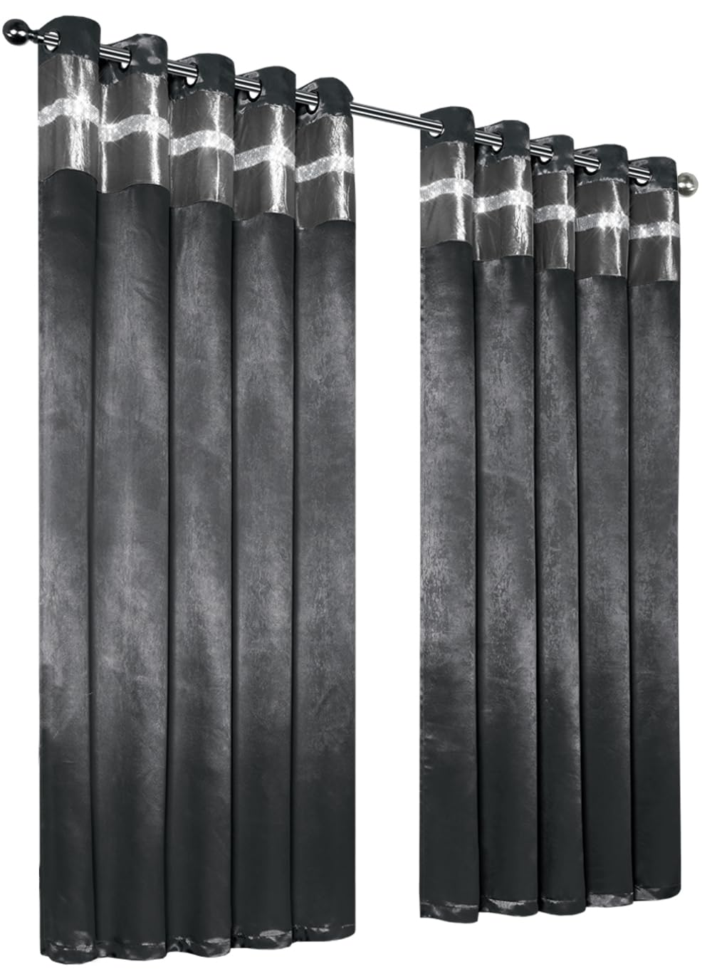 LES4U Satin Blackout Crushed Velvet Diamante Band Eyelet Window Curtains Pair Thermal Soft Insulated Self Lined Panels (Silver, W66 x L90 Inch)