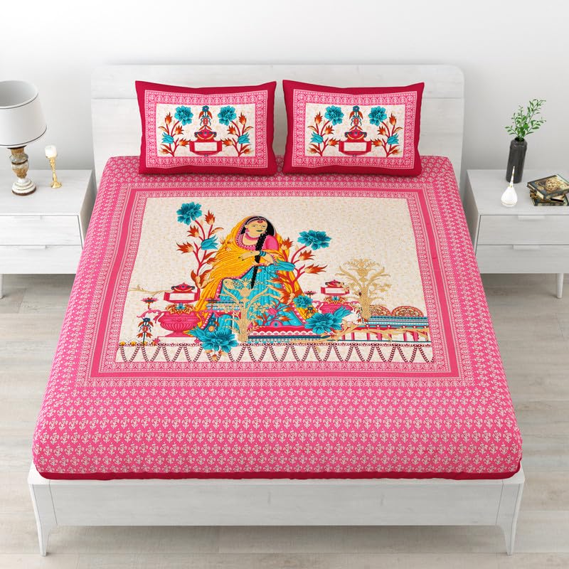 Scottons Queen Size Bedsheet for Double Bed, Pure Cotton Bed Sheets with 2 Pillow Covers in 144 TC, Rajasthani Print, Soft Fabric (90 x 100 Inches), Naari Shakti Design (Pink) (B0CW73TD11) Amazon Price History, Amazon Price Tracker