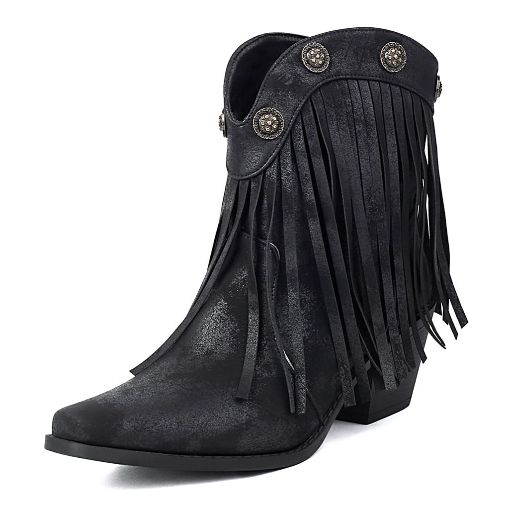 Womens Western Fringed Cowboy Ankle Boots Retro Square Toe Chunky Heels Tassels Cowgirl Short Booties