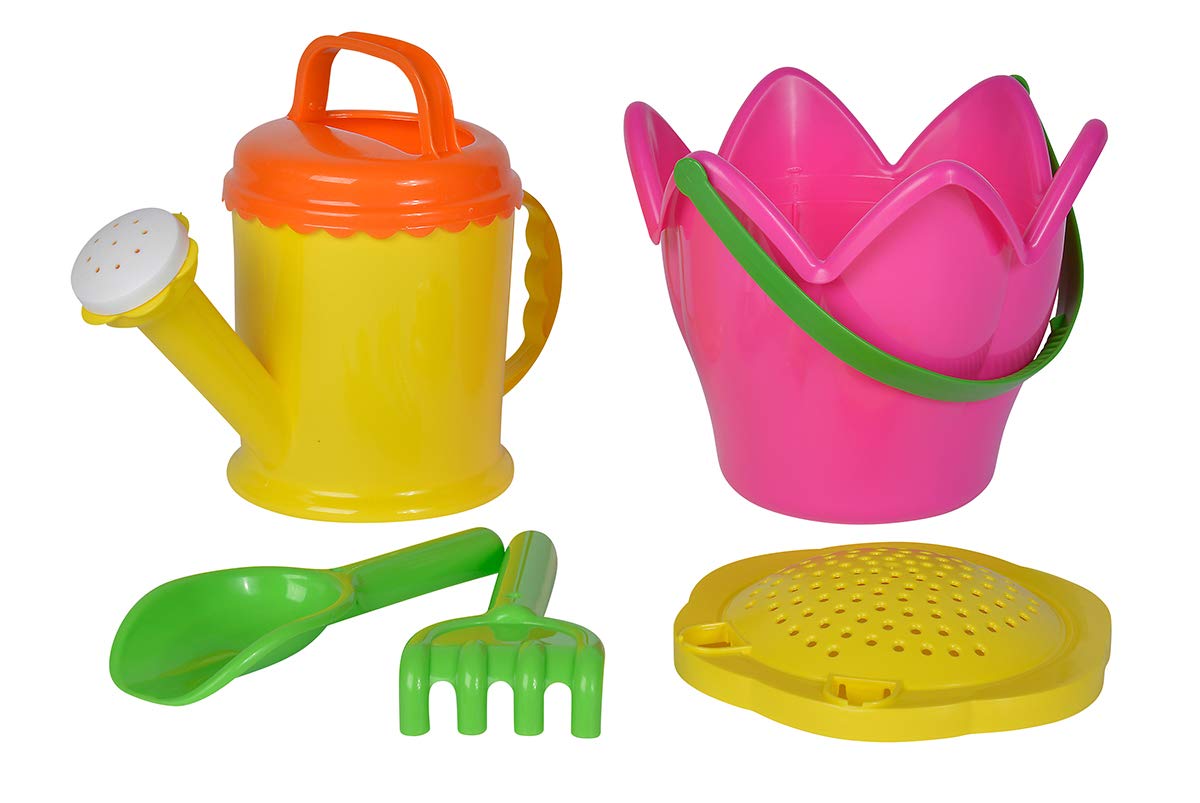 Simba 107114508 Flower Bucket Set, 5 Pieces, Bucket, Strainer, Shovel, Rake, Watering Can, Height 16 cm, Sandpit, Sand Toy