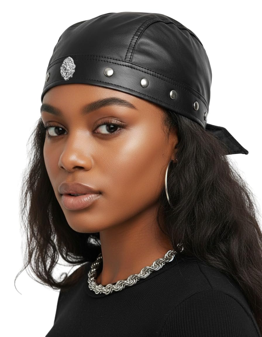 Leather Biker Hats Adjustable Headwrap Bandana Cycling Doo rag Skull Cap for Men Women