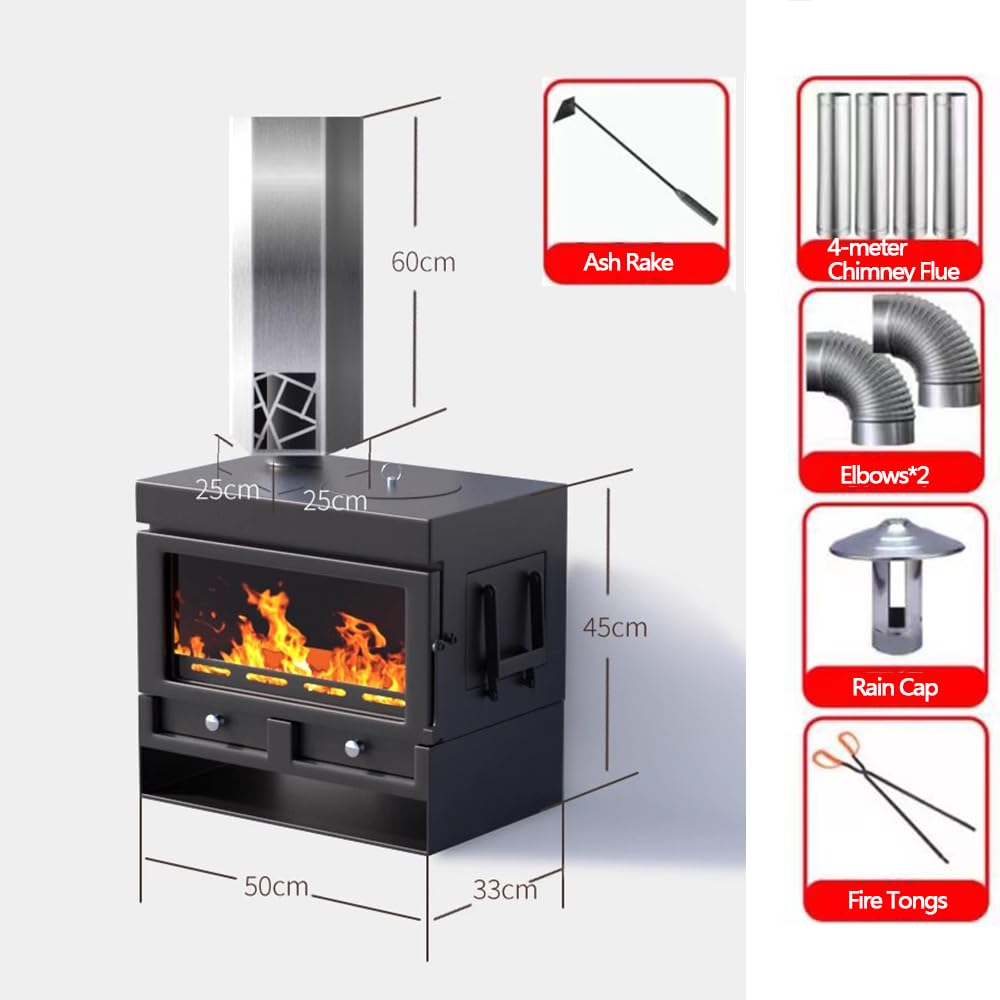 Stufa a Legna 8kW, Rendimento 85% per 120 m³, RRØ 100mm,Stahlofen mit Verglasung,Rivestimento Refrattario,für Jede Wohnung & Zuhause