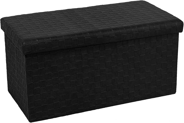 Bonlife Black Faux Leather Folding Ottoman Storage Boxes with Lids Storage Seat Bench Footstool for Living Room Kids Toy Storage Box 76.5x38x38cm