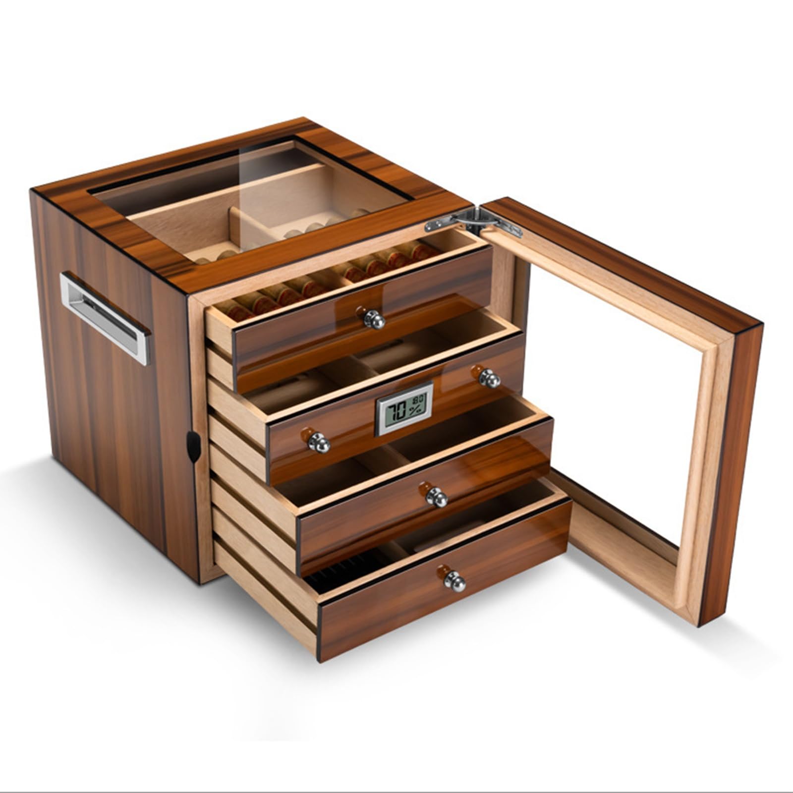 Großer Humidor-Schrank mit Großem Fassungsvermögen, Desktop-Zigarrenkiste mit Aufbewahrungsschublade Digitales Hygrometer、Befeuchter、Trennwand、Glasplatte