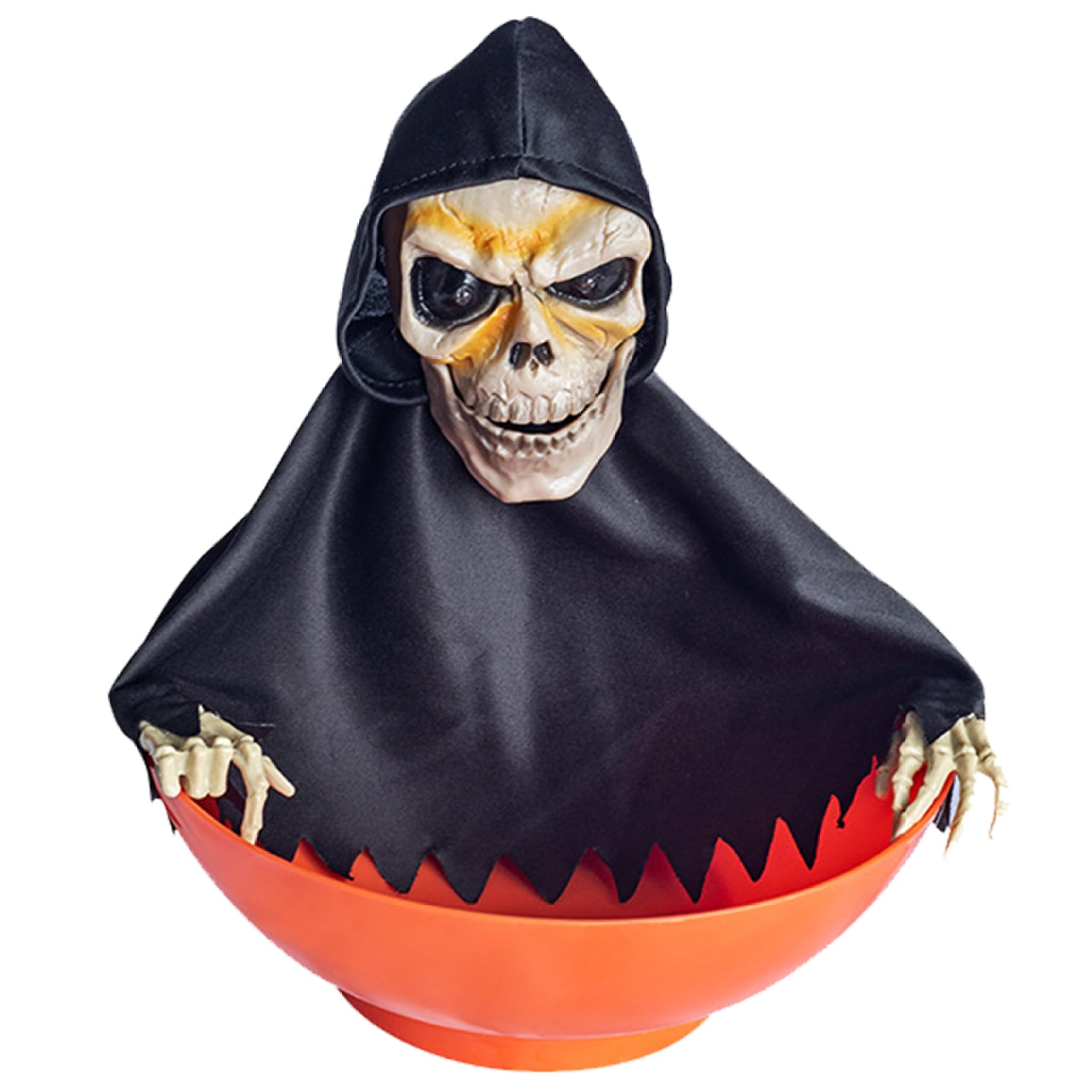 NASSMOSSE Halloween Candy Bowl Spooky Scary Animated Halloween Candy Dish with Music & Light up Red Eyes Movable Activated Animatronics for Home, Party, Haunted House (Black Cape)