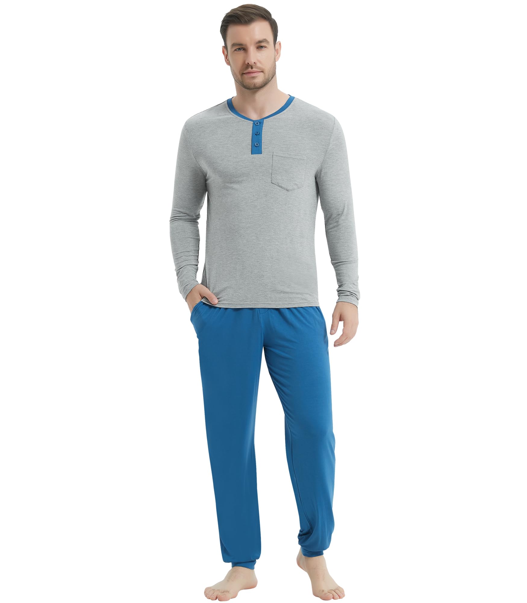 NACHILA Mens Pajamas Set Viscose Made from Bamboo Henley Top Sleep Pants