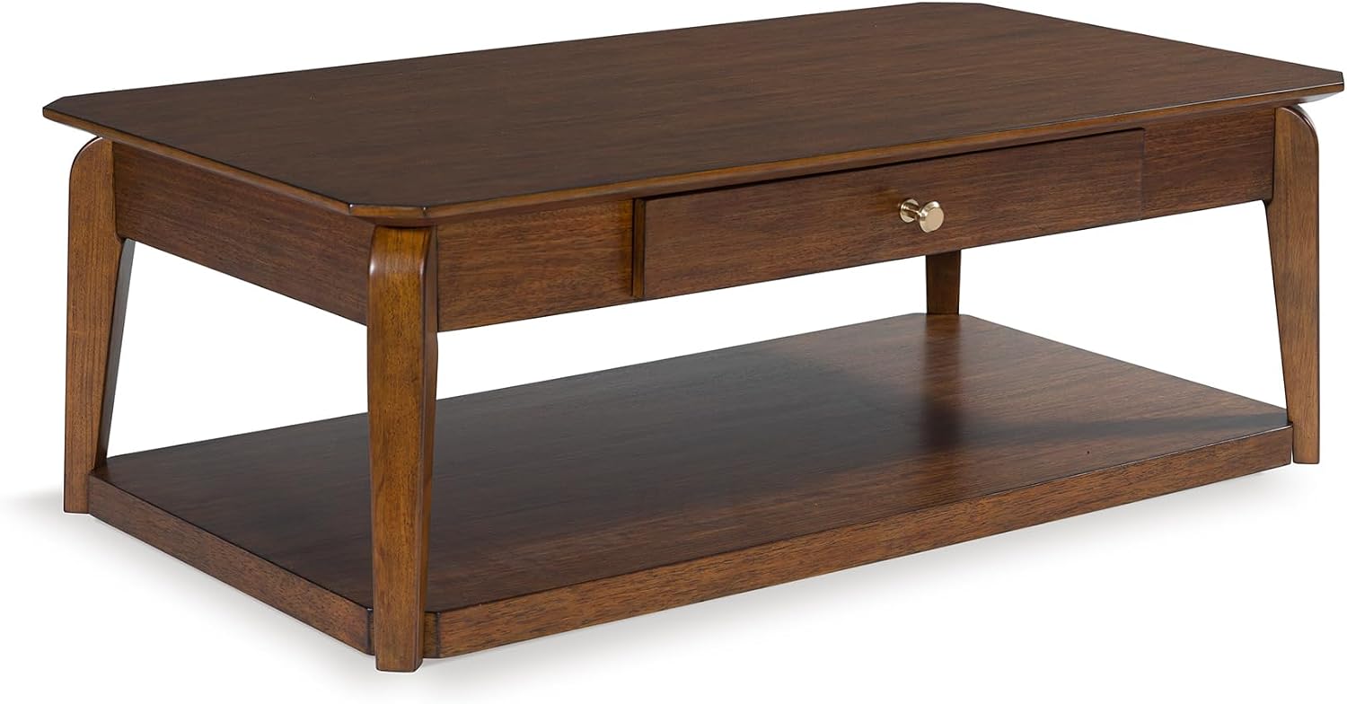 Signature Design by Ashley Trenmour Mid-Century Modern Coffee Table with 1 Drawer, Lower Open Shelf and Casters, Light Brown
