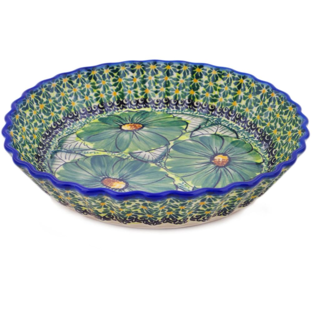 Authentic Polish Pottery Fluted Pie Dish Signature UNIKAT in Green Fantasy Design Handmade in Boles?awiec Poland by Ceramika Dalia + Certificate of Authenticity