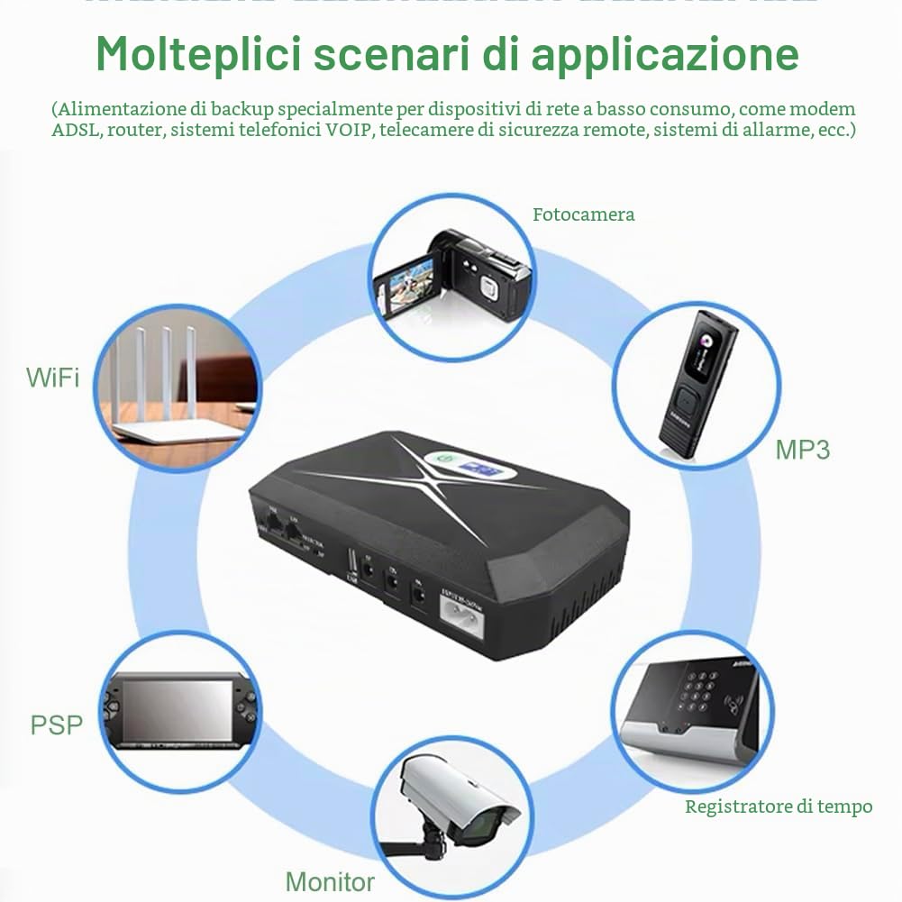 Mini UPS alimentazione senza interruzione per router, modem, fotocamera | Ingresso uscita AC USB, 5V DC 5V 9V 12V 2A, 36W
