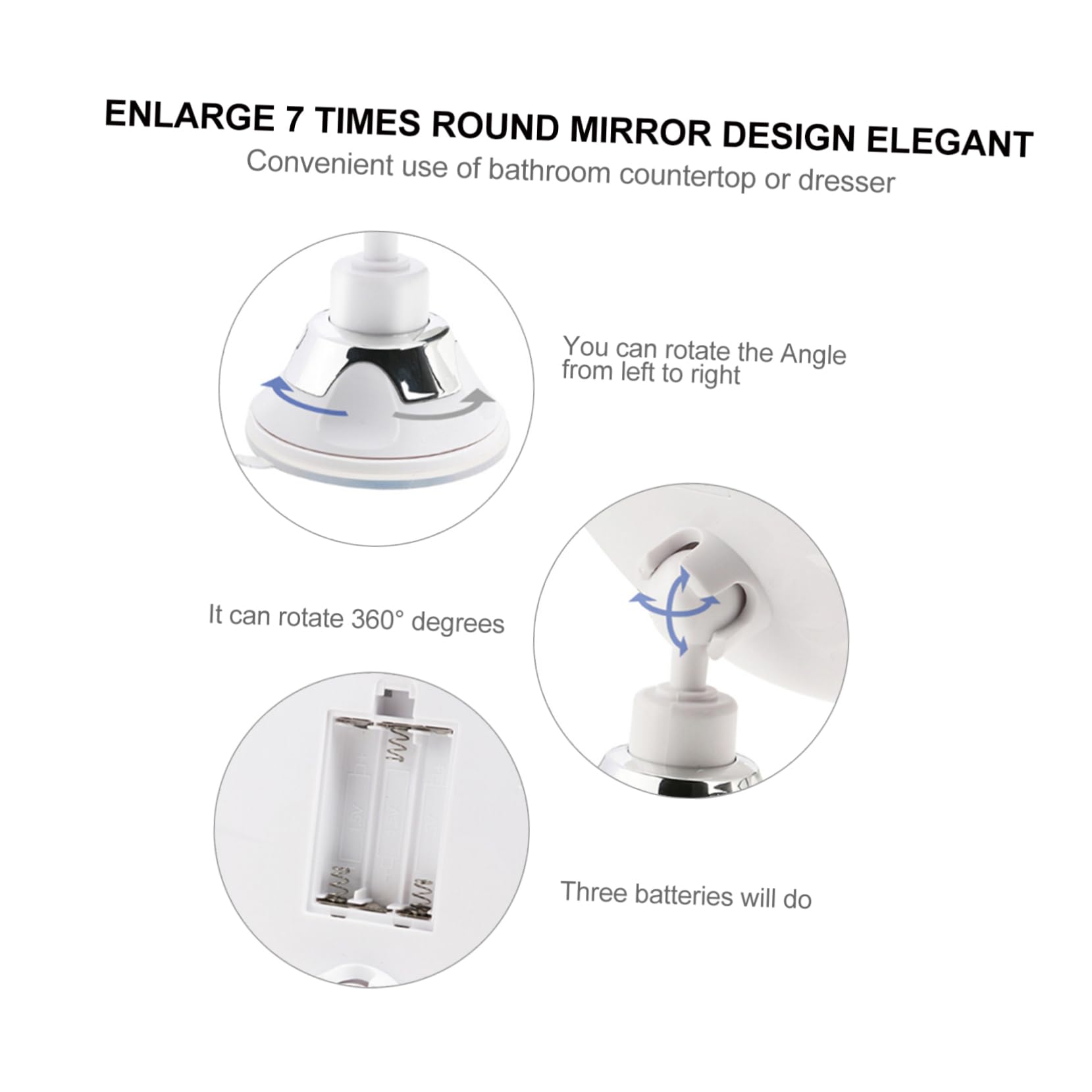 Miroir de Maquillage Rond LED Grossissant 7X avec Ventouse, Blanc