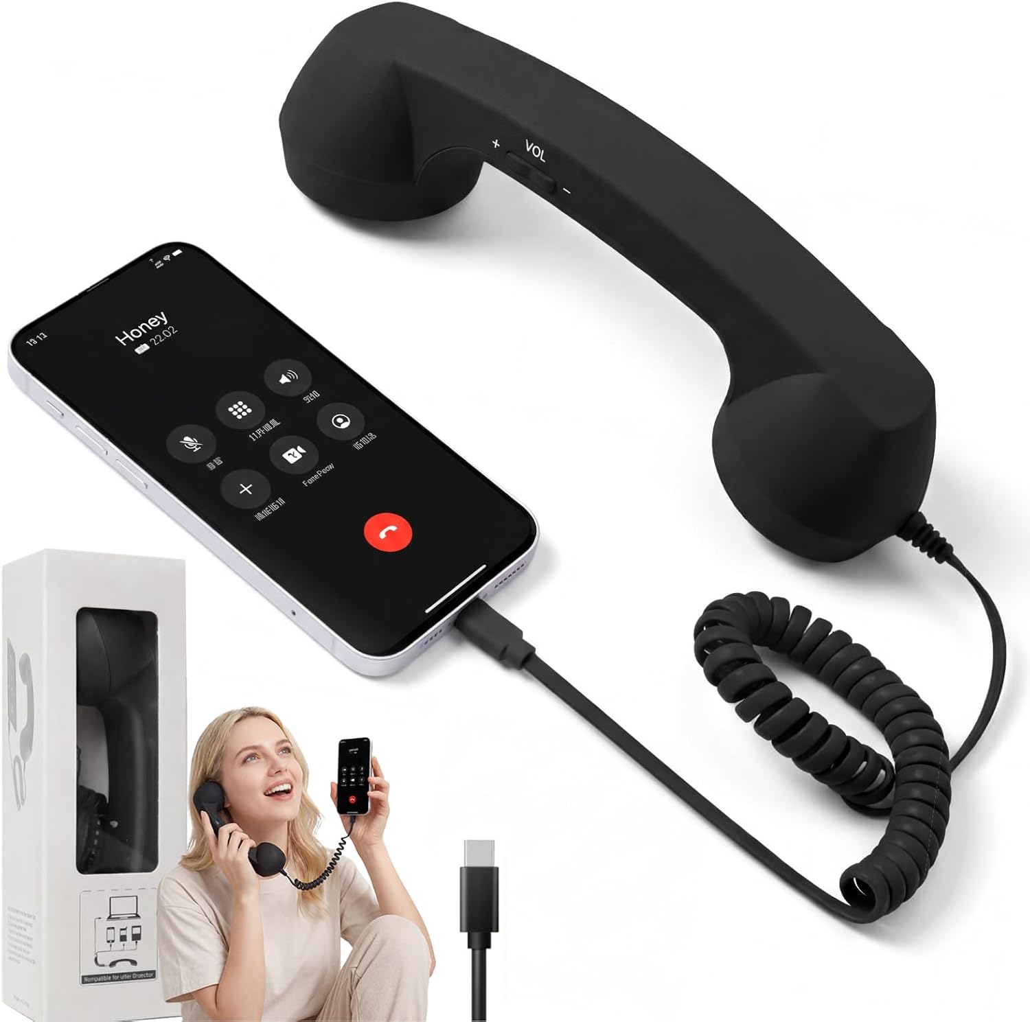 Teléfono retro con cable tipo C para iPhone, receptor de mango fijo con control de volumen, teléfono retro de diseño exclusivo para llamadas claras