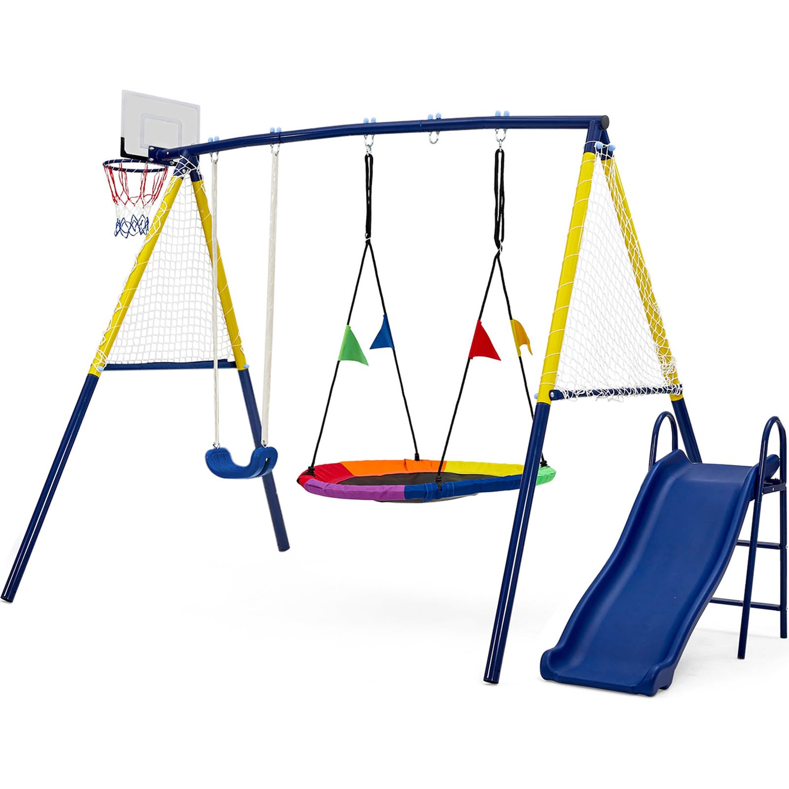 Aptliton Kids Swing set with Metal Frame, Nest Tree and Plastic Single Swing, Basketball Hoop, Slide, Backyard Playground Outdoor Play Frame Toy for children, Over 3 Years Old, Blue and Yellow