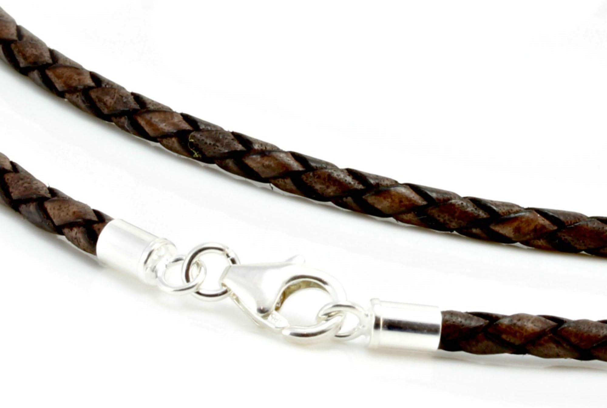 Antique Brown Leather Necklace with Sterling Silver Ends and Clasp-Genuine Braided Leather 16" - 30" Cord