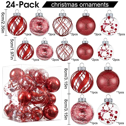 Clear Christmas Ball Ornaments,24ct Shatterproof Plastic Decorative Christmas Ornaments Hanging Xmas Tree Baubles Set with Stuffed Delicate Glittering Decorations for Holiday Party Home Decor (Red) - image 2
