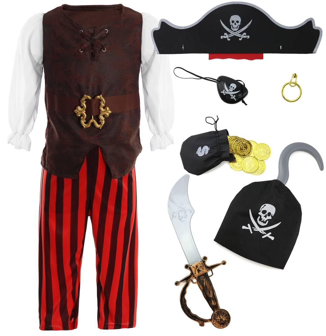 Pirate Costume for Kids Boys & Girls with Toy Sword, Hat, Eye Patch, Money Bag & Clip-On Fake Earring – World Book Day Fancy Dress Outfit Ages 3–12 Years