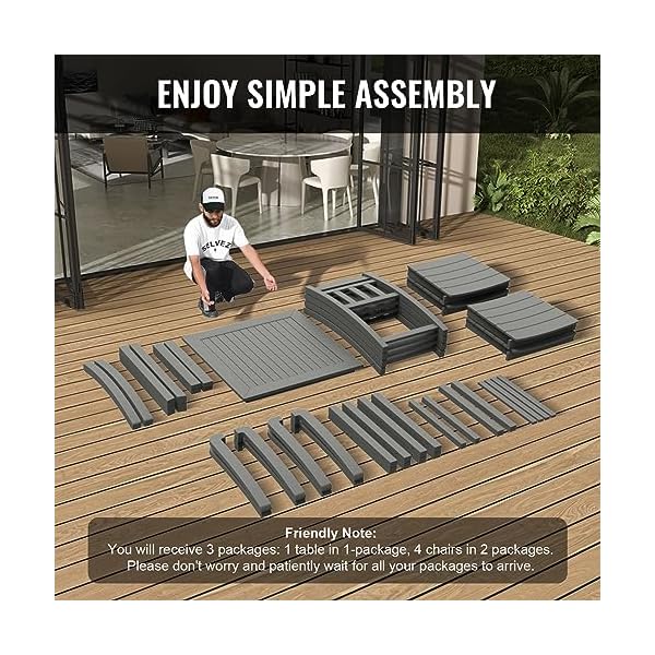 VEVOR Outdoor HIPS Patio Dining Set, 5 Pieces Patio Table and Chairs Set, All Weather Garden Square Furniture Table Sets, Patio Conversation Set, for Lawn, Deck, Backyard, Poolside, Light Gray - Image 7