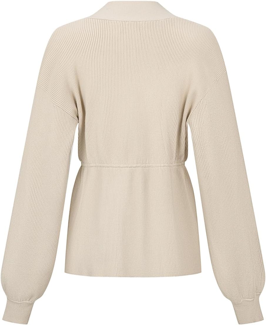 URBAN REVIVO Women's Zip Up Cardigan Sweater with Balloon Sleeves, V-Neck Knit Open Front Long Sleeve Coat for Casual Outwear