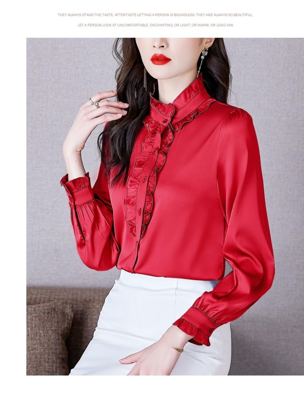 Chemises en Soie Satinée À Manches Longues pour Femmes,Veste Cardigan À Boutons À Volants Rouge,Chemisier,Haut Décontracté,Élégant,Chic,Hauts De Travail,Chemises Élégantes
