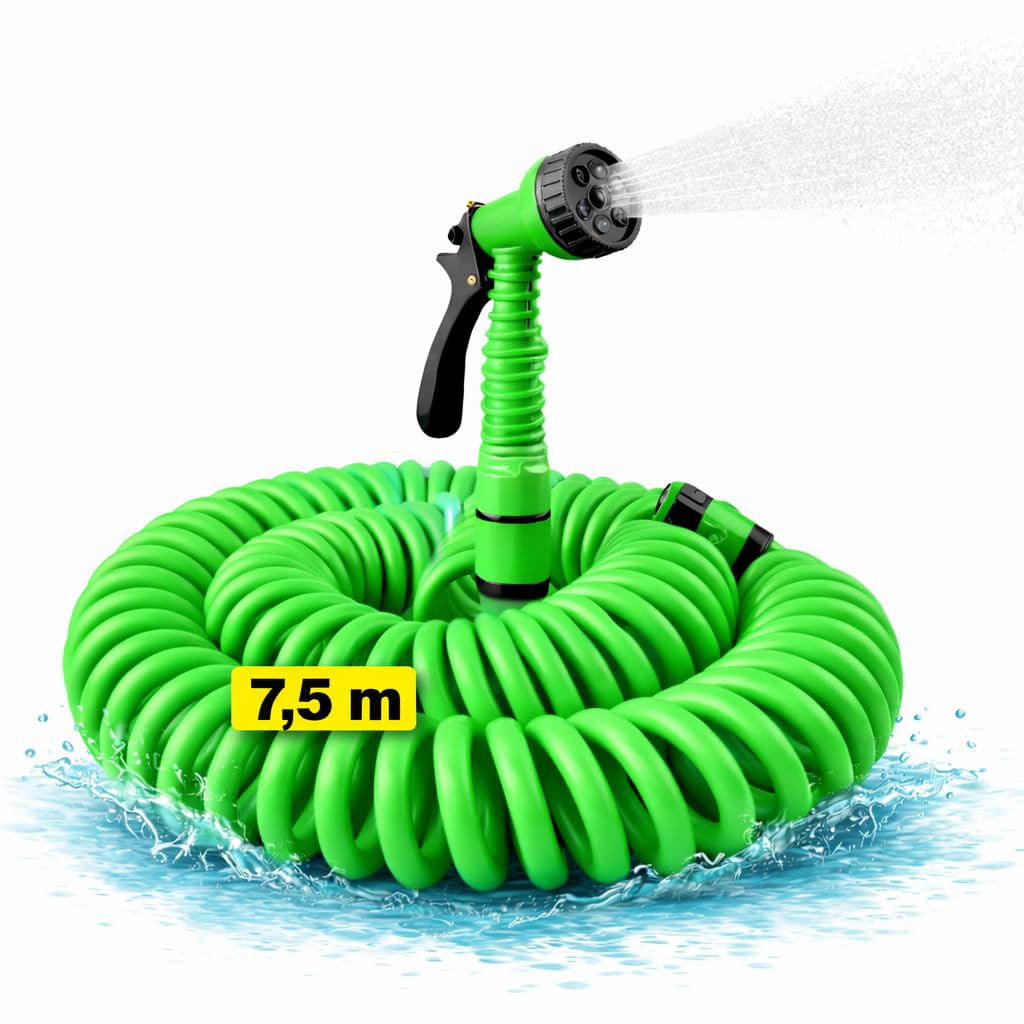 Manguera jardín espiral extensible hasta 7.5M con Pistola Rociadora 7 modalidades de riego. ideal balcones, terrazas y jardines. Manguera de agua.