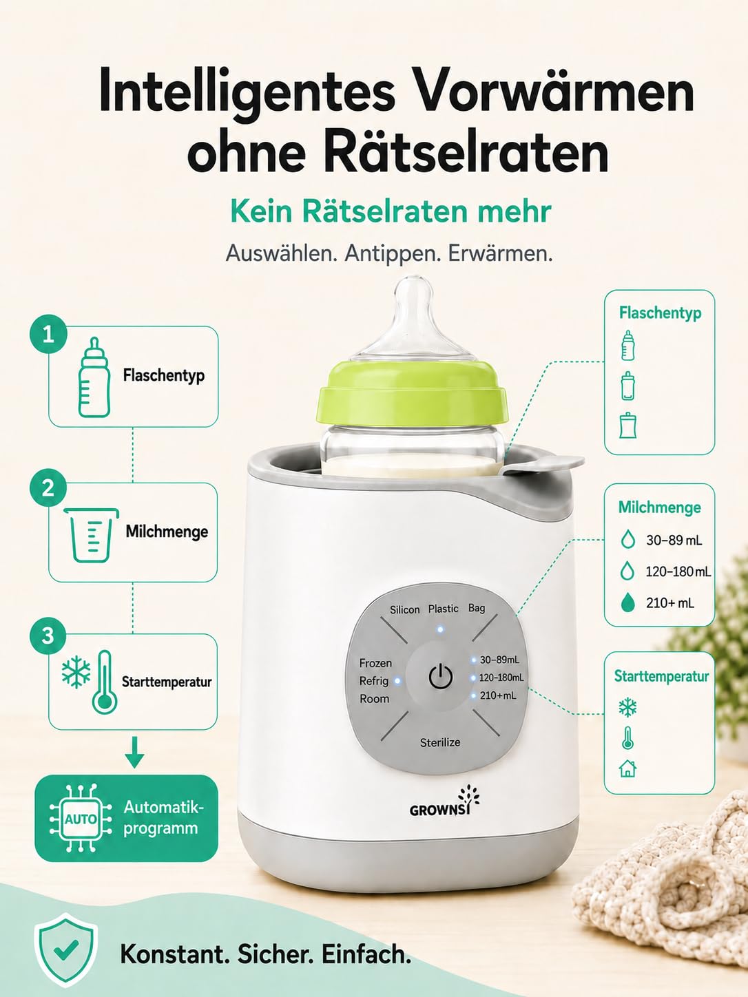 GROWNSY Intelligenter Baby Babykostwärmer, Flaschenwärmer mit Temperaturkontrolle, schneller Milchwärmer, sanftes Auftauen, Babynahrung erwärmen und Sterilisieren Babyflaschenwärmer