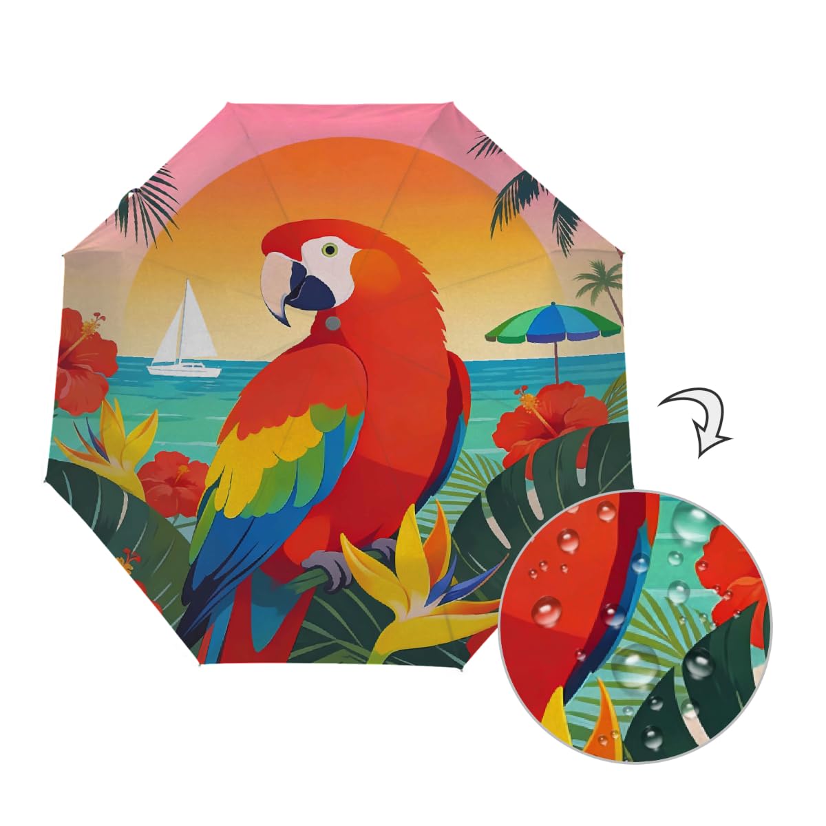 Vinatge Ombrello da viaggio pieghevole con foglie tropicali, compatto, antivento, impermeabile, con protezione UV, rivestimento nero, leggero, 8 costole, portatile, per pioggia e sole
