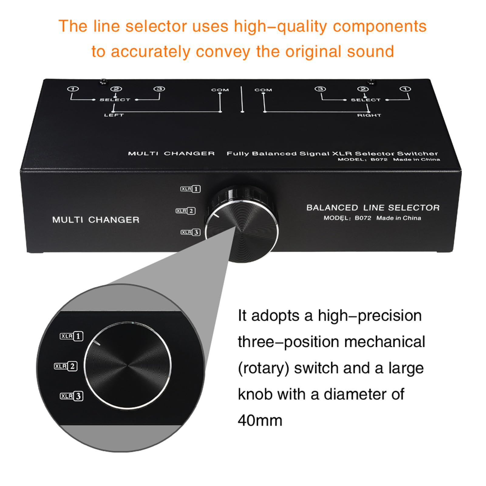 Audio Switcher Balanceado Selector de Señal Caja con Alta Precisión Rotación Perilla para Home Studio y Configuración Sonido Profesional