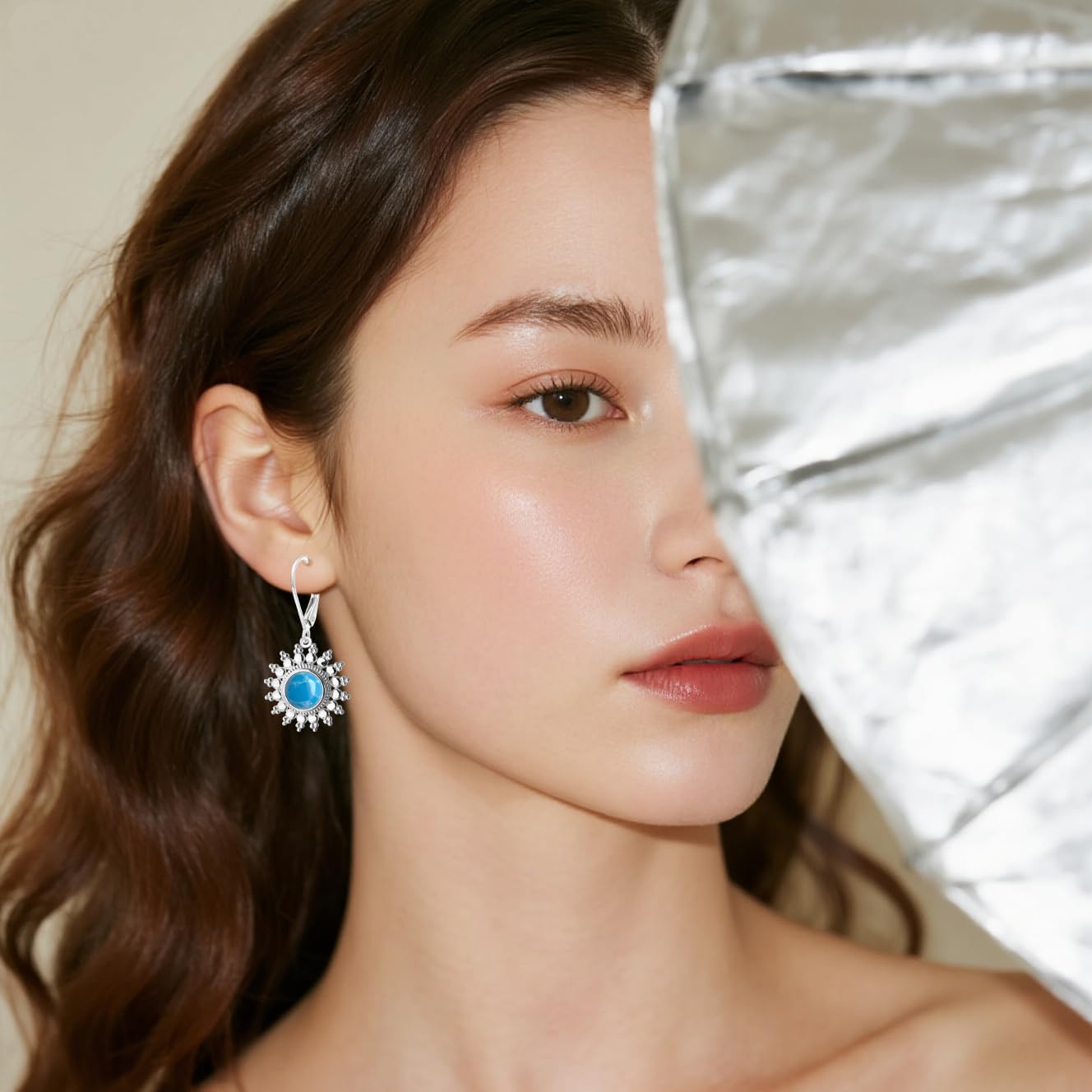 Natural Round Stone Sun Flower Drop Earrings,925 Sterling Silver Real Genuine Crystal Quartz Gemstone Dangle Dangling Statement Earrings Jewelry for Women Her - Image 4