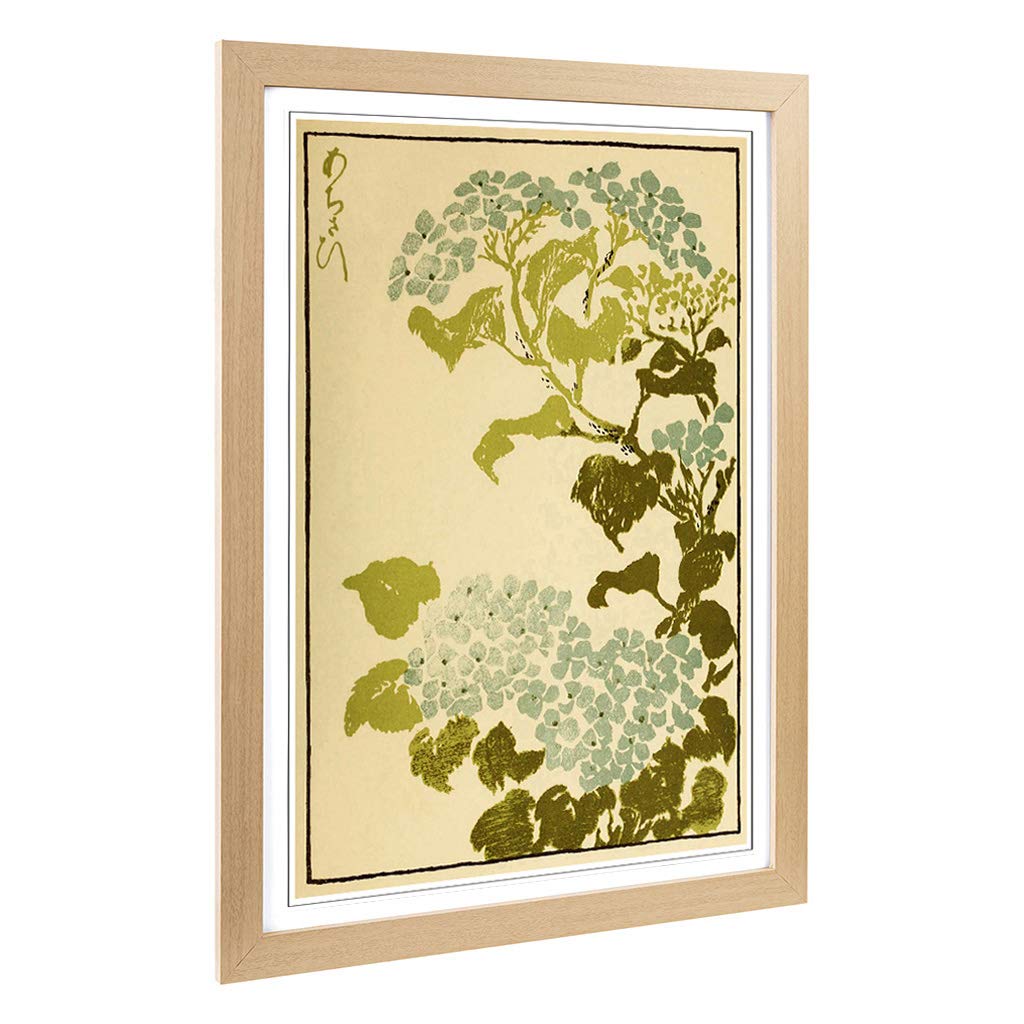 Big Box Art Framed Print of Hydrangea Japanese Oriental Design | Wall Art Picture | Home Decor for Kitchen, Living Room, Bedroom, Hallway, Oak, A2 / 24.5x18 Inch / 62x45cm